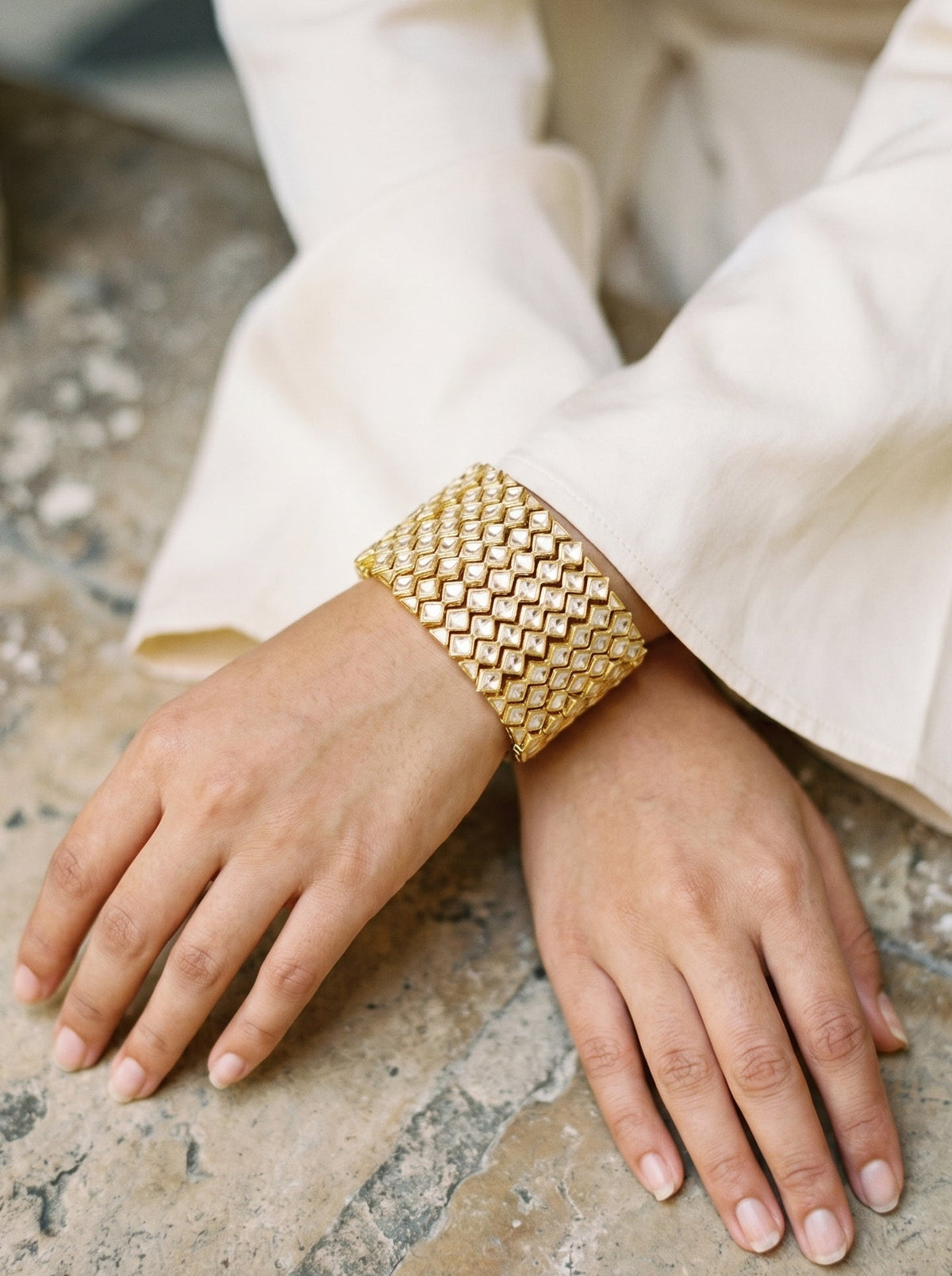 925 silver polki kundan cuff bracelet with a honeycomb lattice, gold plated