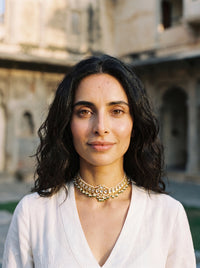 Jadau Kundan pearl choker with baguette stones and gemstone bead fringe, green or ruby-sapphire