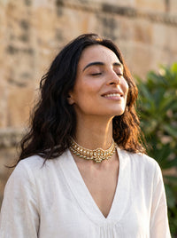 Jadau Kundan pearl choker with baguette stones and gemstone bead fringe, green or ruby-sapphire