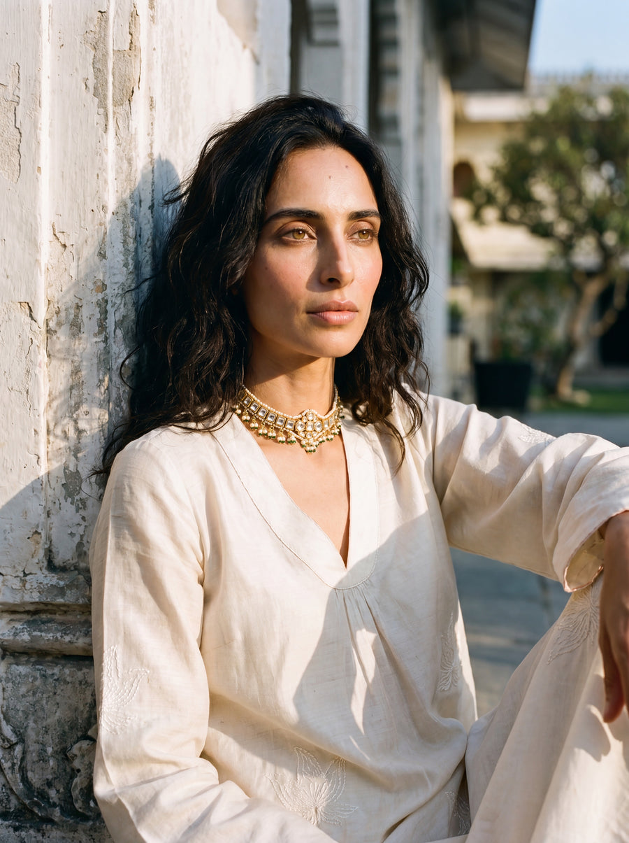 Jadau Kundan pearl choker with baguette stones and gemstone bead fringe, green or ruby-sapphire