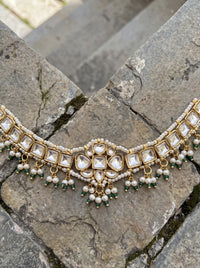 Jadau Kundan pearl choker with baguette stones and gemstone bead fringe, green or ruby-sapphire