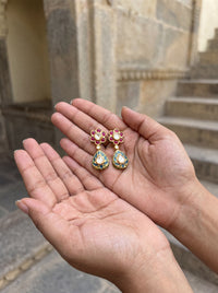 Handcrafted 925 silver meenakari drop earrings with a ruby flower stud, gold plated
