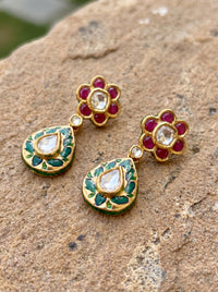 Handcrafted 925 silver meenakari drop earrings with a ruby flower stud, gold plated