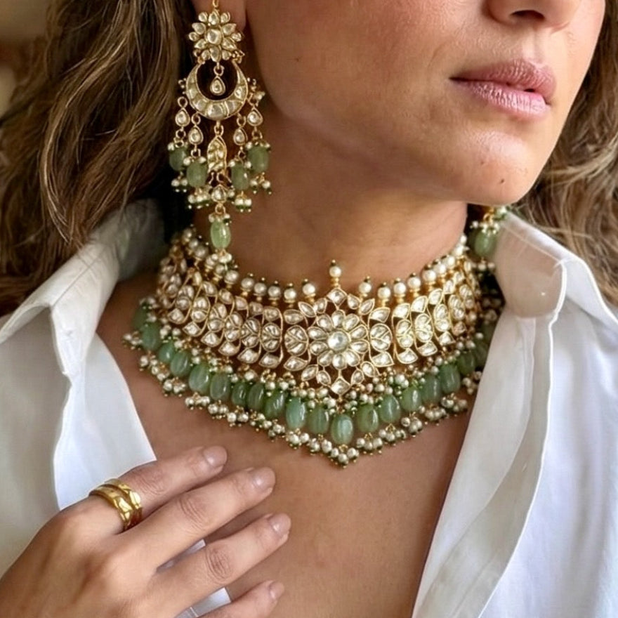 Jadau Kundan choker with floral motifs and jade-pearl drops