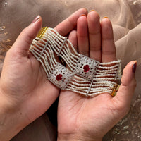 925 silver bracelet with six pearl strands and ruby CZ panels