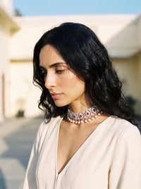 925 silver choker with a CZ floral lattice, ruby centres, and pearl drop fringe