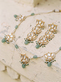 Jadau Kundan necklace set with lotus motifs, seed pearls, and jade beads