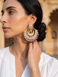 Jadau Kundan chandbali earrings with amethyst and pearl drops