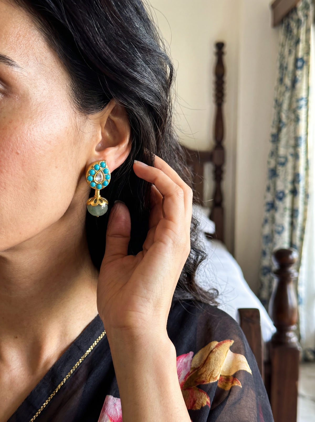Jadau Kundan stud earrings with a carved gemstone drop, in turquoise or white