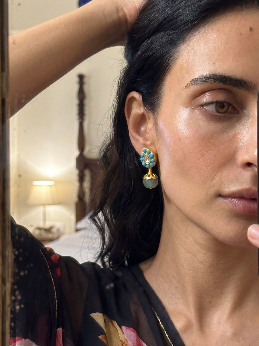 Jadau Kundan stud earrings with a carved gemstone drop, in turquoise or white