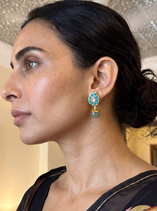 Jadau Kundan stud earrings with a carved gemstone drop, in turquoise or white