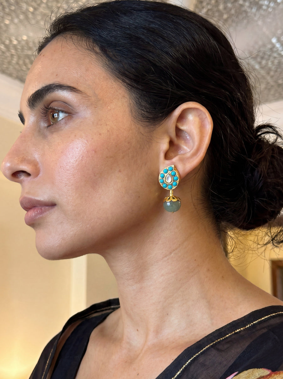 Jadau Kundan stud earrings with a carved gemstone drop, in turquoise or white