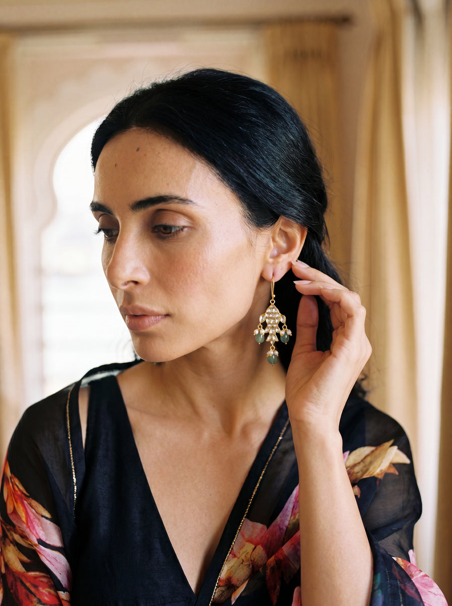 Kundan Polki fish-motif drop earrings with carved jade and pearl drops