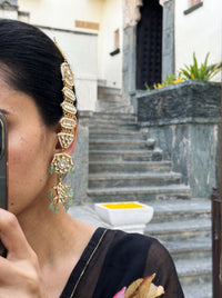 Kundan passa-style ear chain with geometric elements and jade bead finials