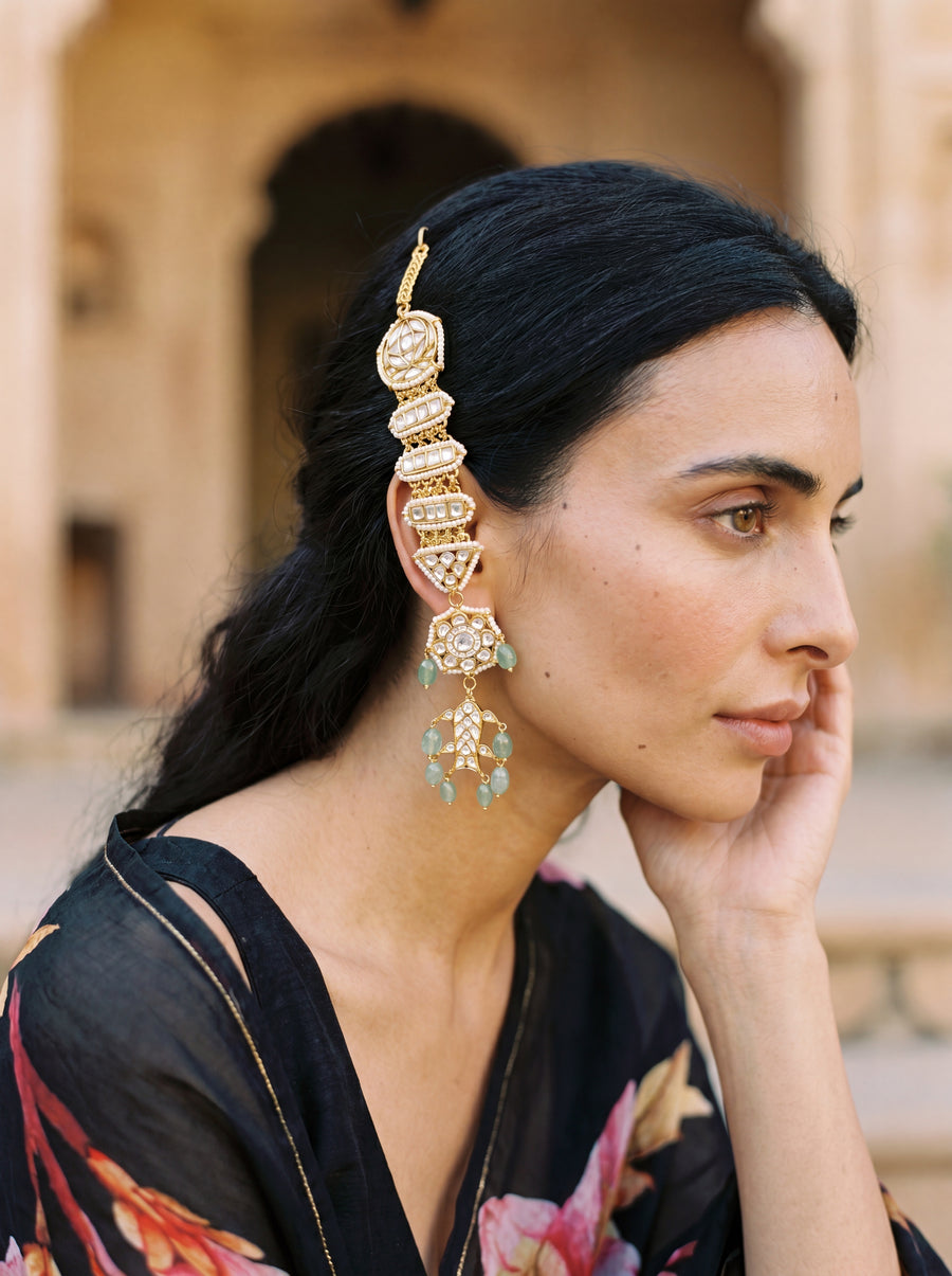 Kundan passa-style ear chain with geometric elements and jade bead finials