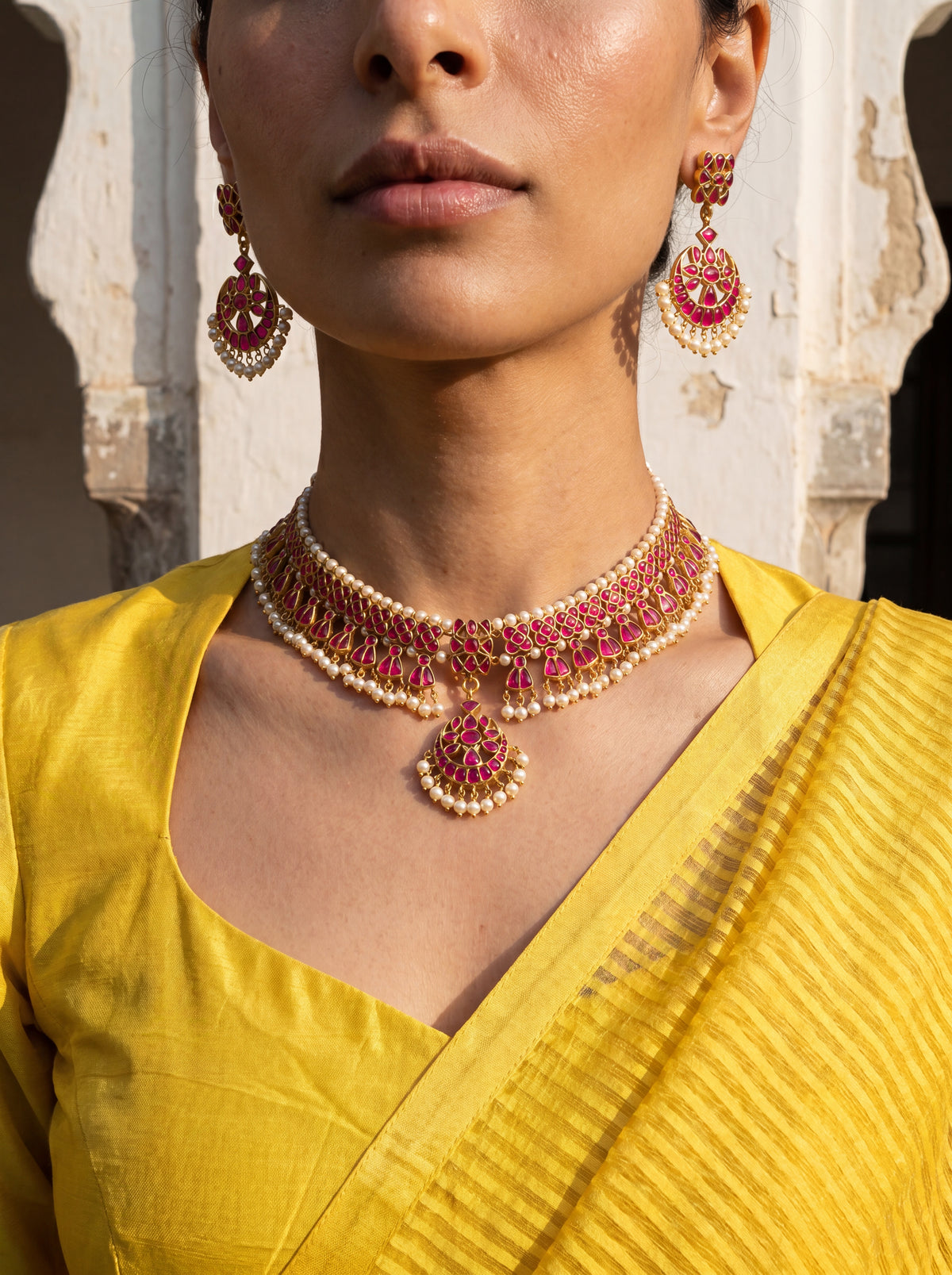 Jadau Kundan ruby choker set with matching earrings