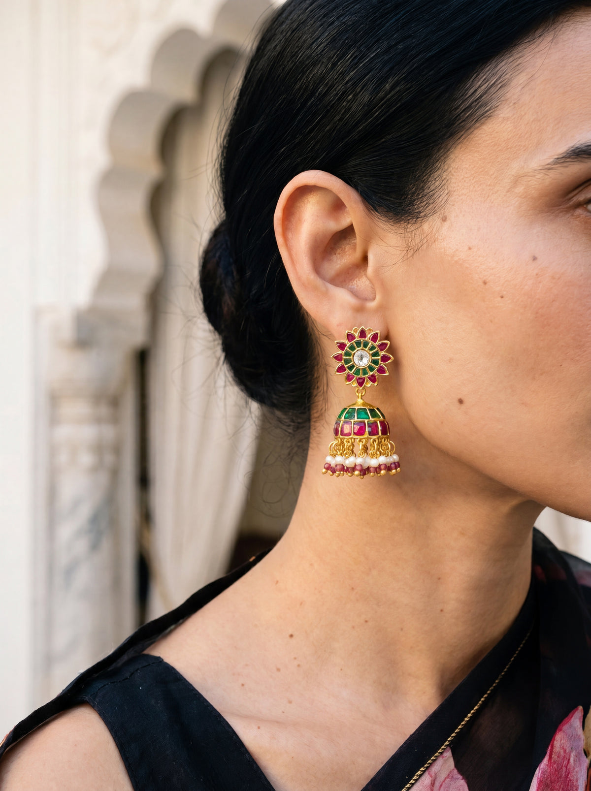 Kundan Polki jhumka earrings with a sunflower top and pearl fringe
