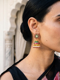 Kundan Polki jhumka earrings with a sunflower top and pearl fringe