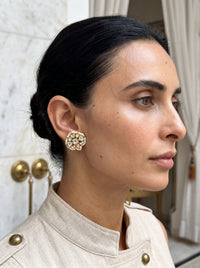 Kundan Polki cushion stud earrings with a seed-pearl border