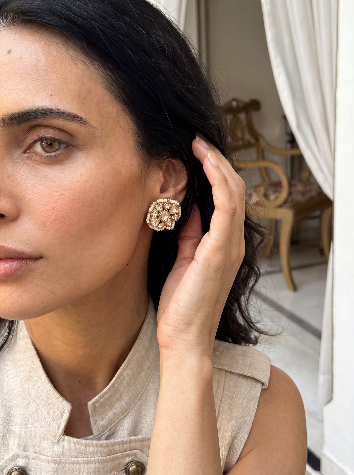 Kundan Polki cushion stud earrings with a seed-pearl border