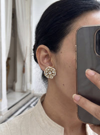 Kundan Polki cushion stud earrings with a seed-pearl border