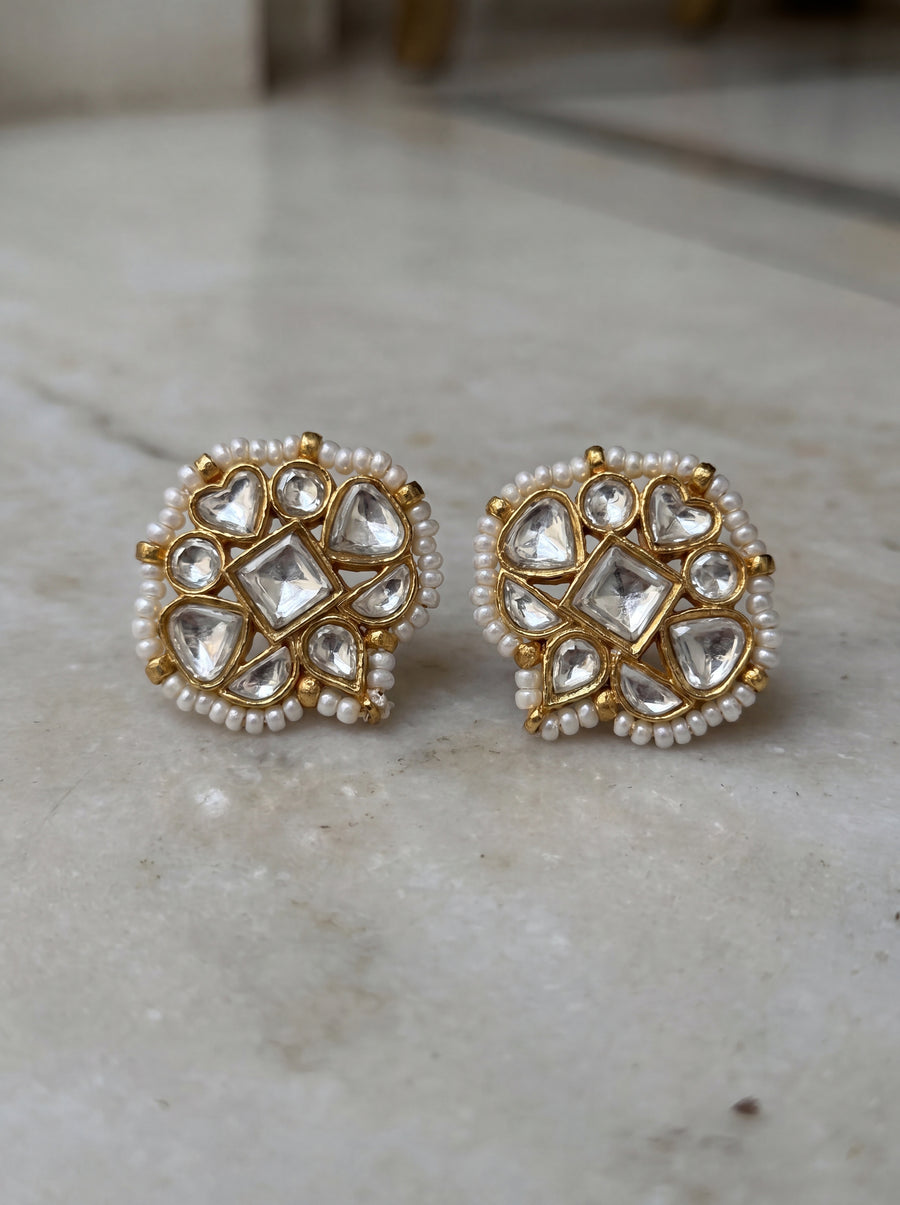 Kundan Polki cushion stud earrings with a seed-pearl border