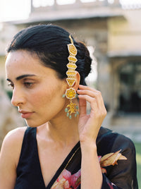 Kundan passa-style ear chain with geometric elements and jade bead finials