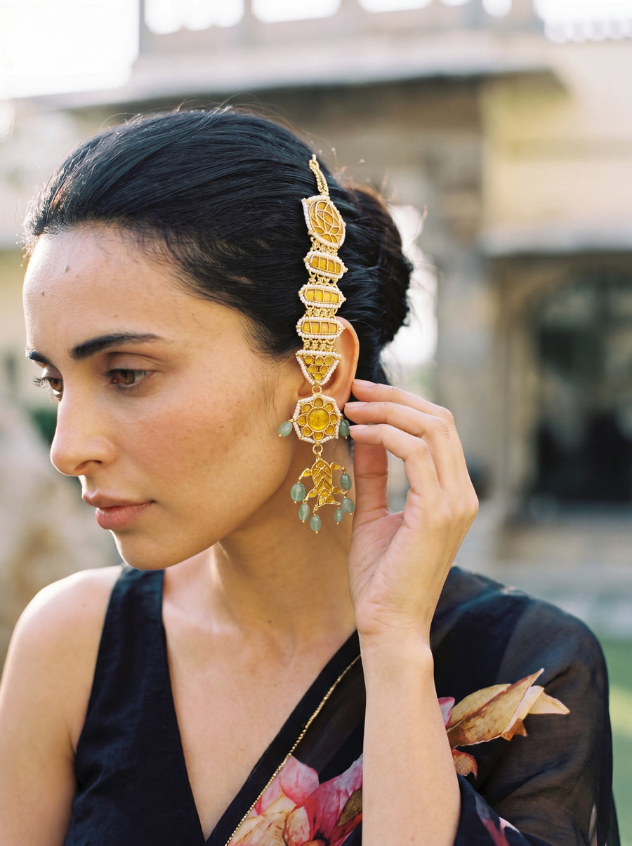 Kundan passa-style ear chain with geometric elements and jade bead finials