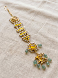 Kundan passa-style ear chain with geometric elements and jade bead finials
