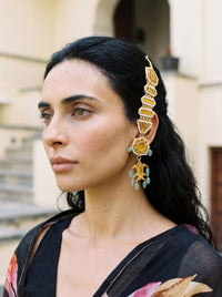 Kundan passa-style ear chain with geometric elements and jade bead finials