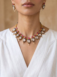 Jadau Kundan necklace set with navy meenakari borders and ruby accents