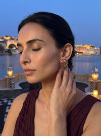 Kundan stud earrings with a ruby-emerald mosaic in a pomegranate flower design