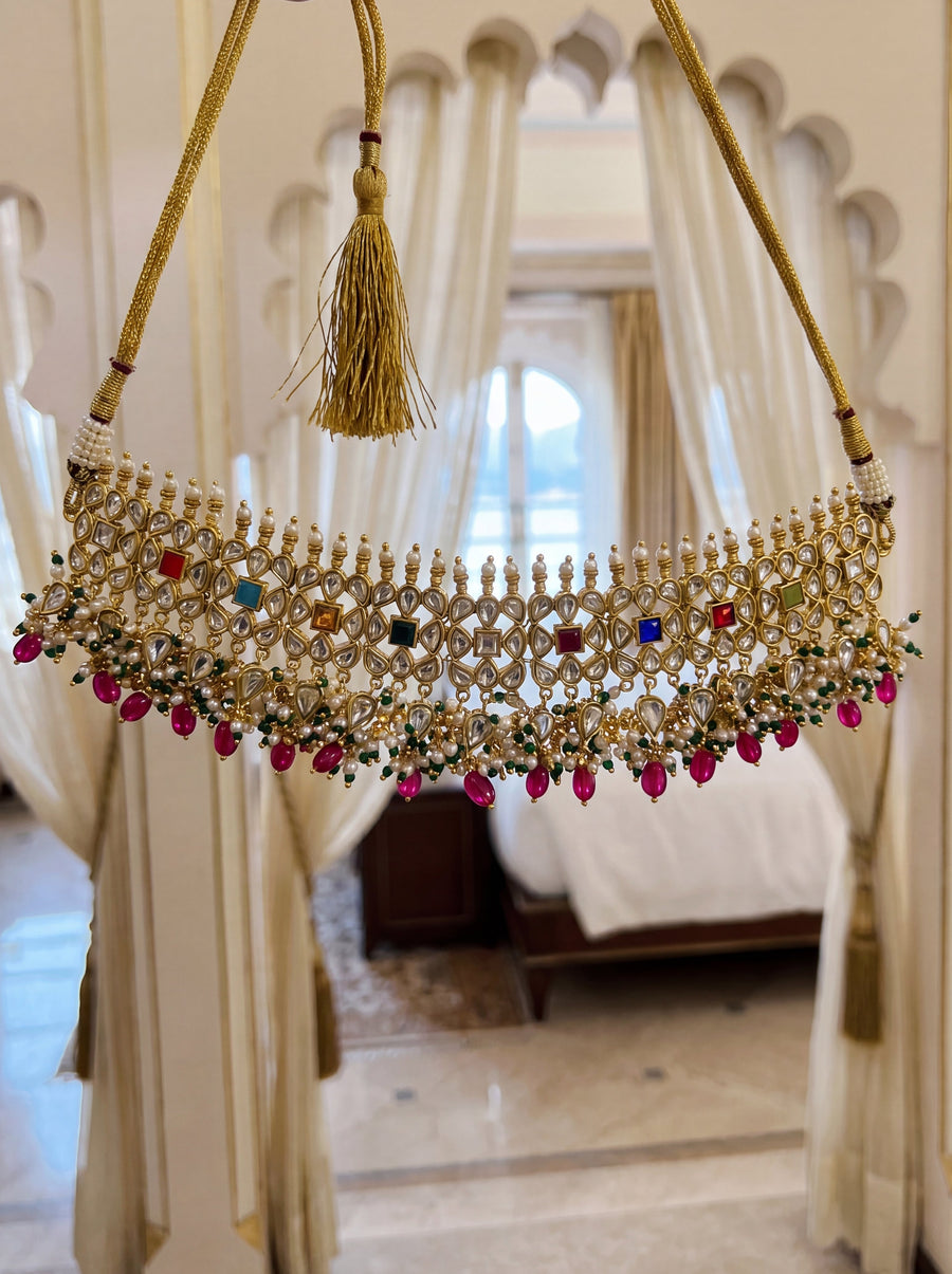 Kundan Polki choker set with all nine Navratna gemstones and a silk-tassel dori
