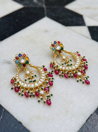 Kundan chandbali earrings with a Navratna flower top and pink-green drop fringe