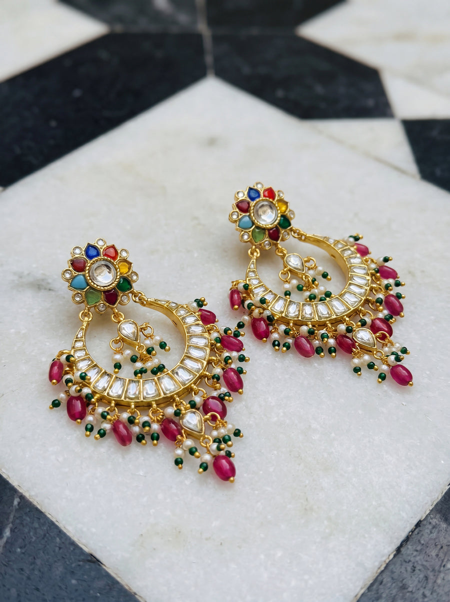Kundan chandbali earrings with a Navratna flower top and pink-green drop fringe