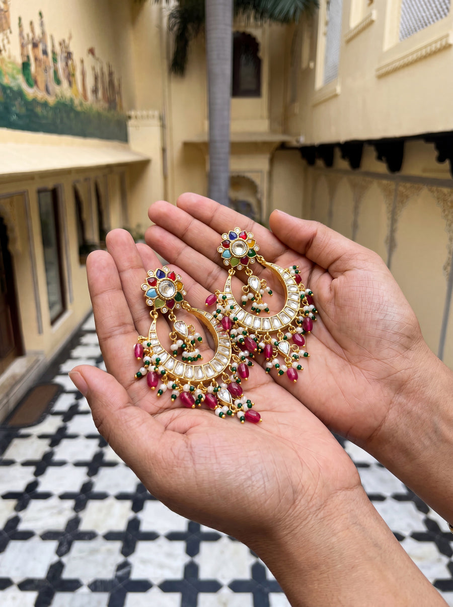 Kundan chandbali earrings with a Navratna flower top and pink-green drop fringe