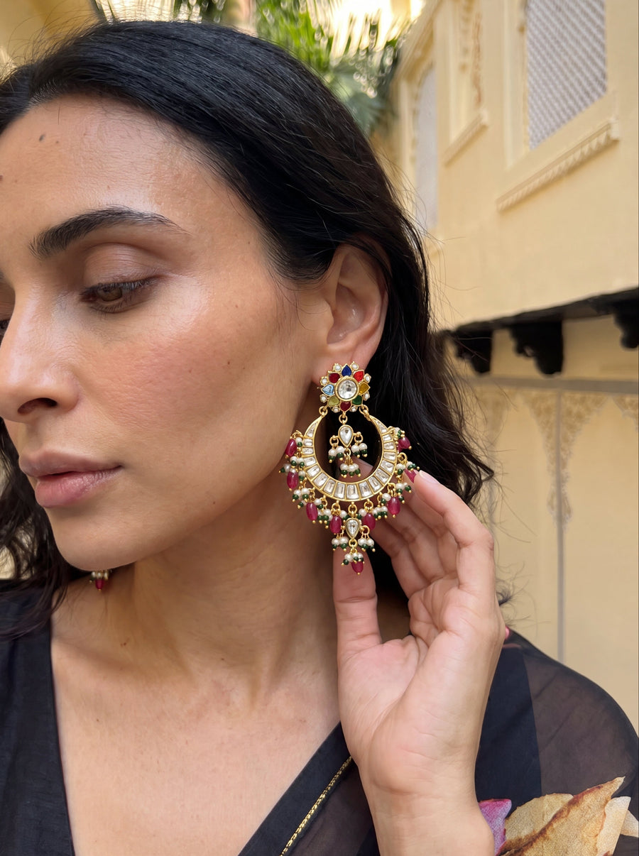 Kundan chandbali earrings with a Navratna flower top and pink-green drop fringe