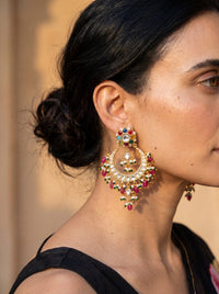 Kundan chandbali earrings with a Navratna flower top and pink-green drop fringe
