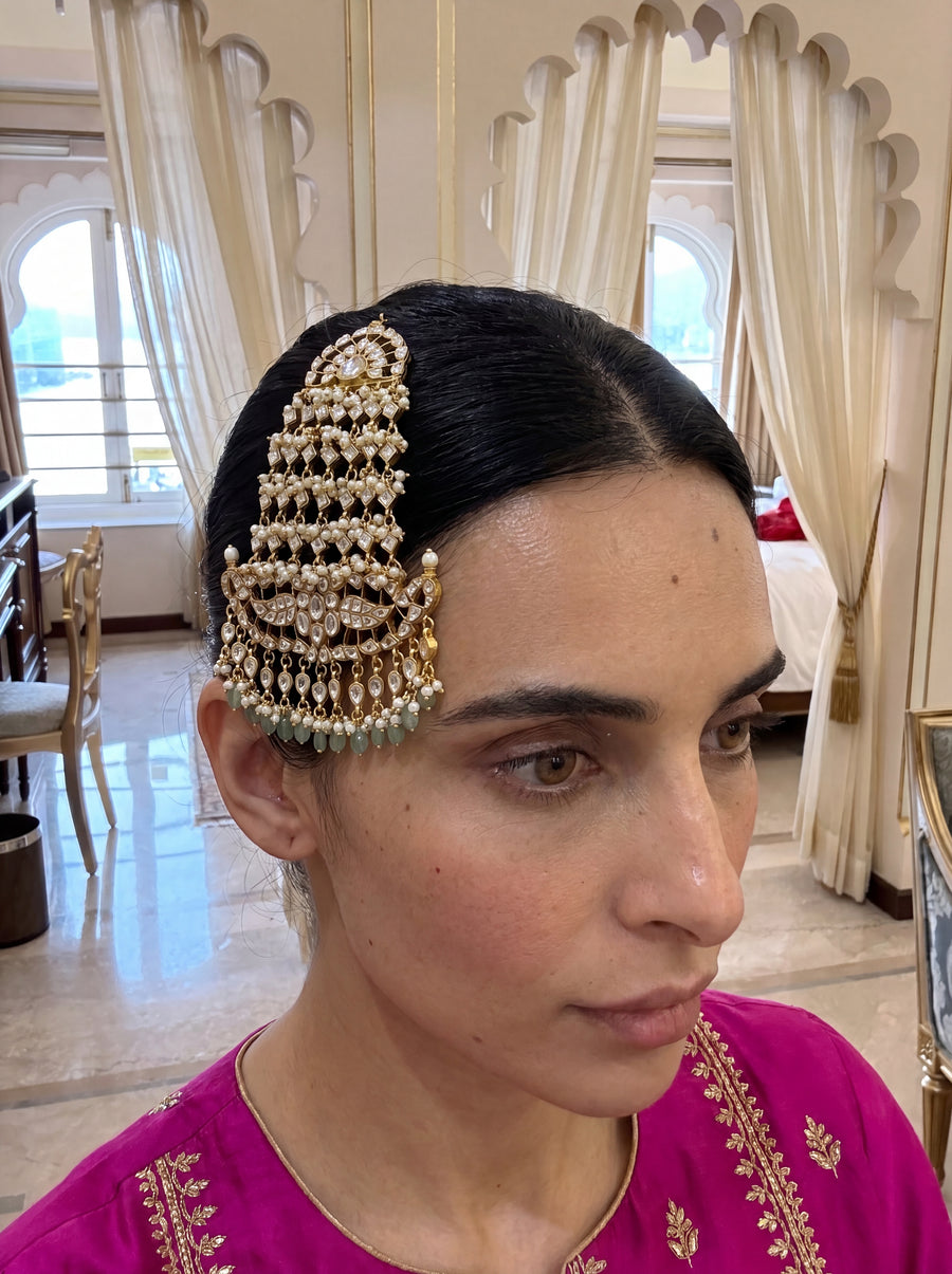 Kundan Polki passa with cascading pearl and jade drops, traditional side-head ornament