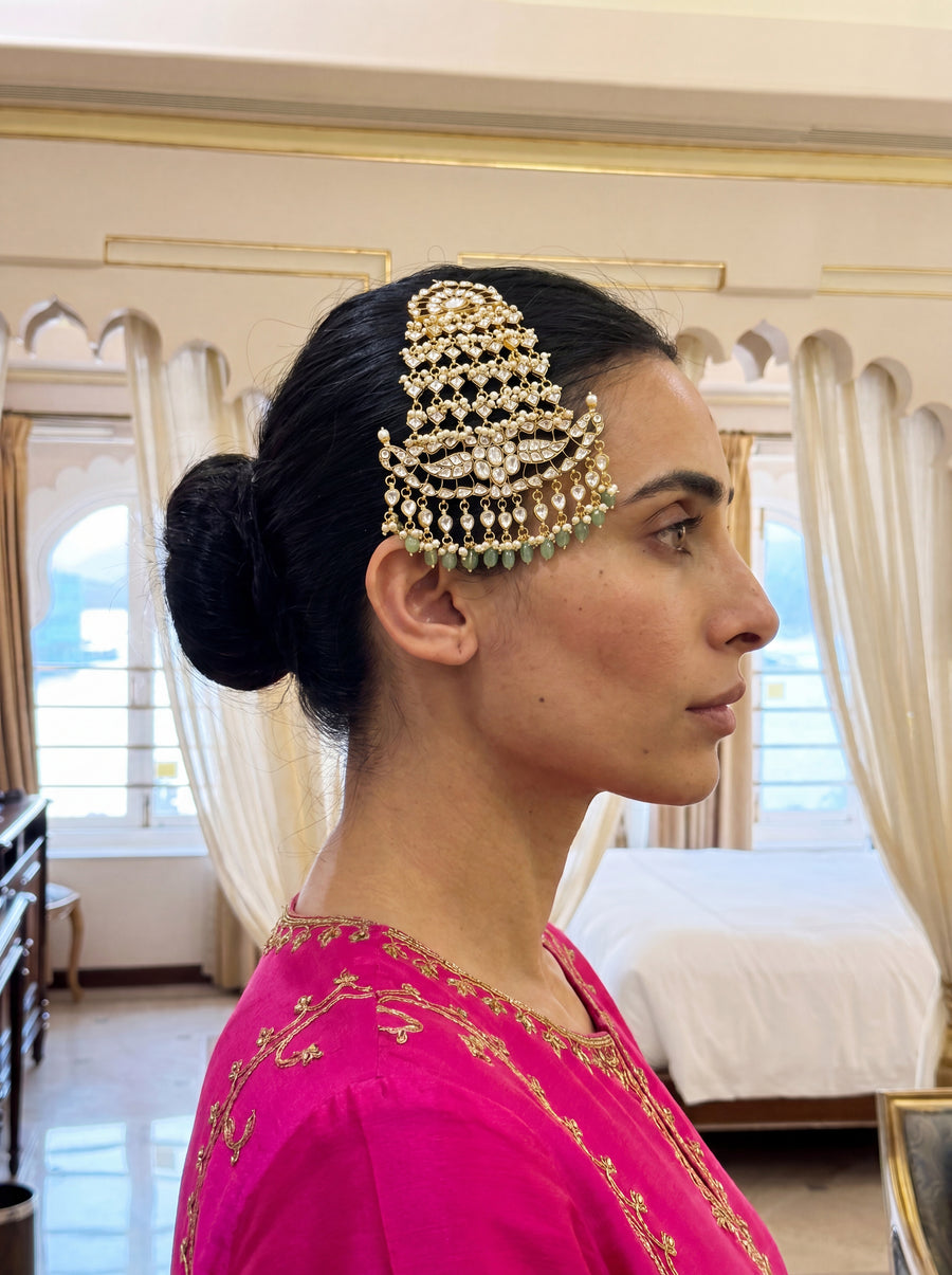 Kundan Polki passa with cascading pearl and jade drops, traditional side-head ornament