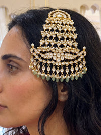 Kundan Polki passa with cascading pearl and jade drops, traditional side-head ornament