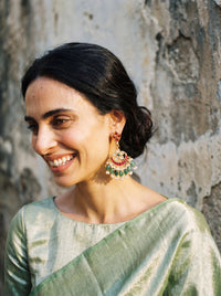 Jadau Kundan chandbali earrings with a ruby lotus stud and emerald-pearl fringe