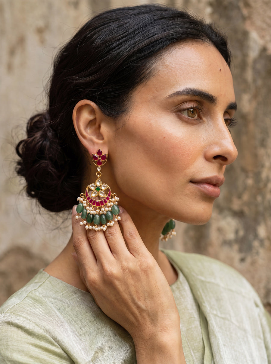 Jadau Kundan chandbali earrings with a ruby lotus stud and emerald-pearl fringe