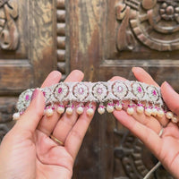 925 silver choker with a CZ floral lattice, ruby centres, and pearl drop fringe