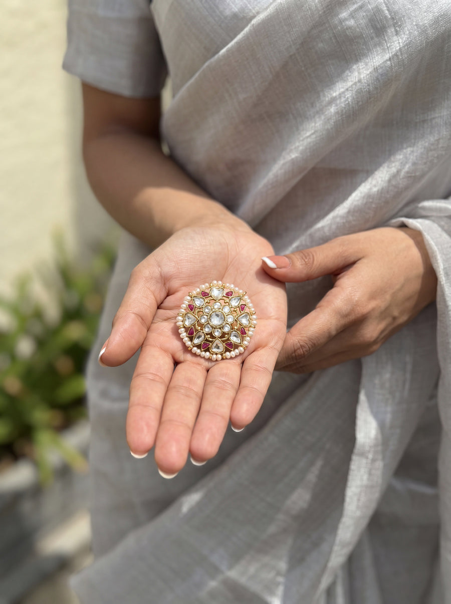Jadau Kundan cocktail ring with a polki mandala and ruby accents
