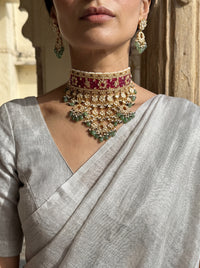 Jadau Kundan Aad choker set with semi-precious ruby or emerald stones