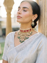 Jadau Kundan Aad choker set with semi-precious ruby or emerald stones