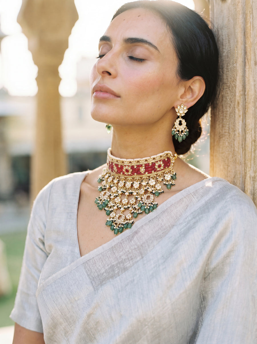 Jadau Kundan Aad choker set with semi-precious ruby or emerald stones