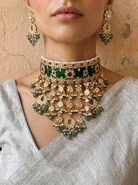 Jadau Kundan Aad choker set with semi-precious ruby or emerald stones