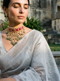 Jadau Kundan Aad choker set with semi-precious ruby or emerald stones
